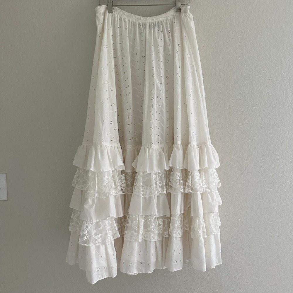 Flamingo Eyelet Lace Tiered Ruffle Maxi Skirt Women M White Cottagecore Boho